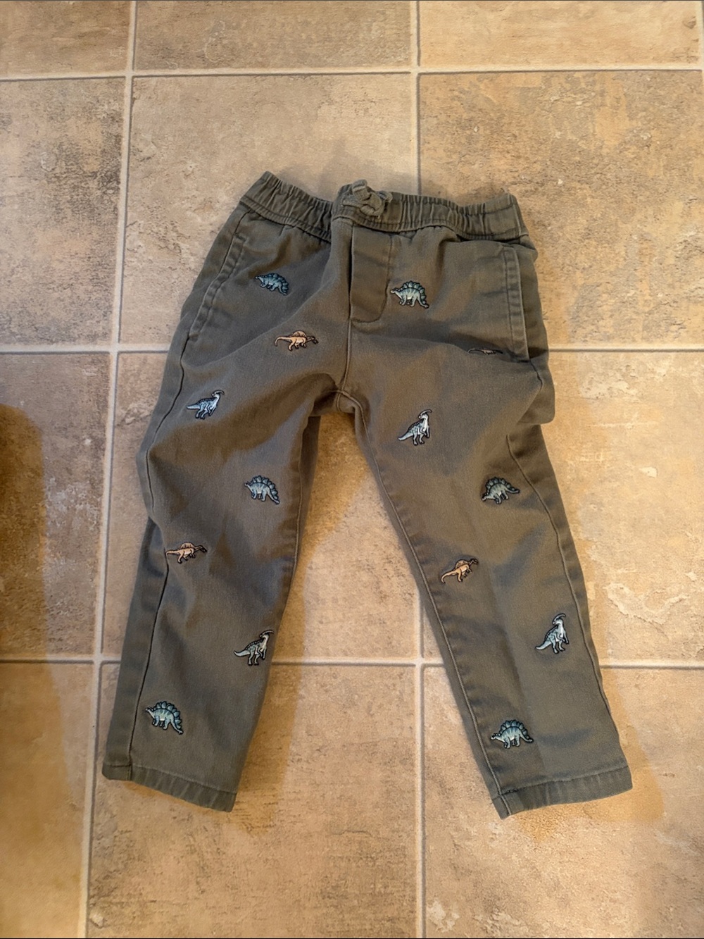 Janie and Jack Olive Green Dino Embroidered Pants